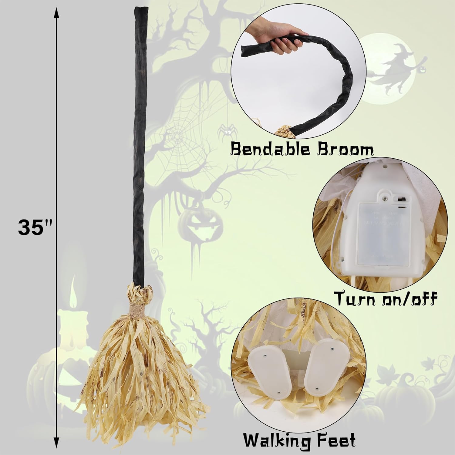 Halloween Witch Broom – 35'' light-up animated broomstick with spooky sounds, dancing magic broom for indoor & outdoor decoration