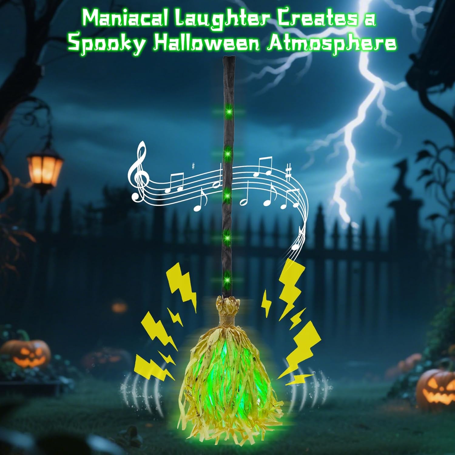 Halloween Witch Broom – 35'' light-up animated broomstick with spooky sounds, dancing magic broom for indoor & outdoor decoration
