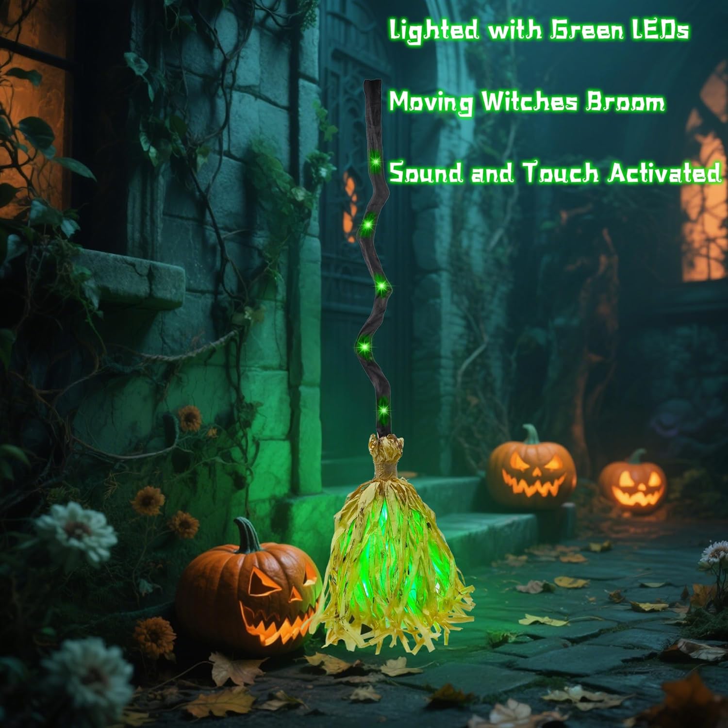 Halloween Witch Broom – 35'' light-up animated broomstick with spooky sounds, dancing magic broom for indoor & outdoor decoration