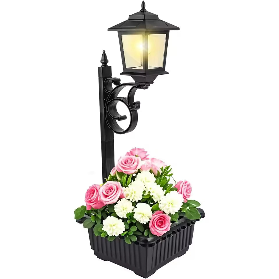Solar Lamp Post Light with Planter, 2 in 1 Outdoor Flower Pots, 3000K Solar Lamps Outdoor Waterproof, Wall Mount or Freestanding