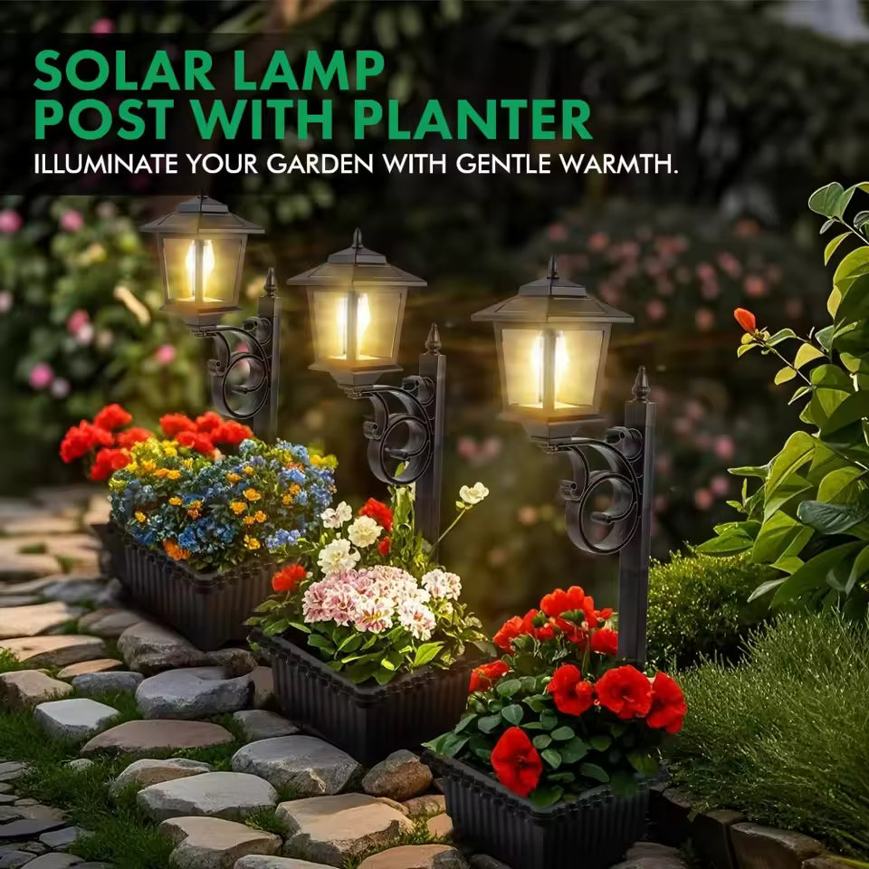 Solar Lamp Post Light with Planter, 2 in 1 Outdoor Flower Pots, 3000K Solar Lamps Outdoor Waterproof, Wall Mount or Freestanding