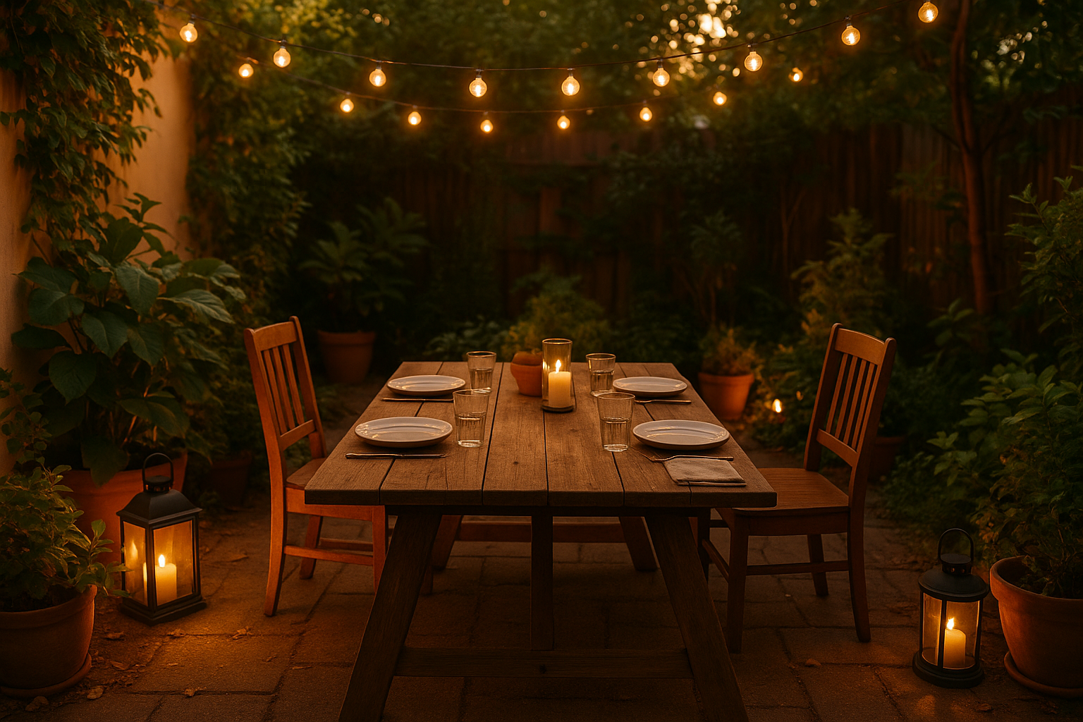 cozy backyard patio decorated with warm string lights, wooden table set for evening gathering, surrounded by lush green plants and soft garden lanterns, natural warm tones, lifestyle photography, high resolution
